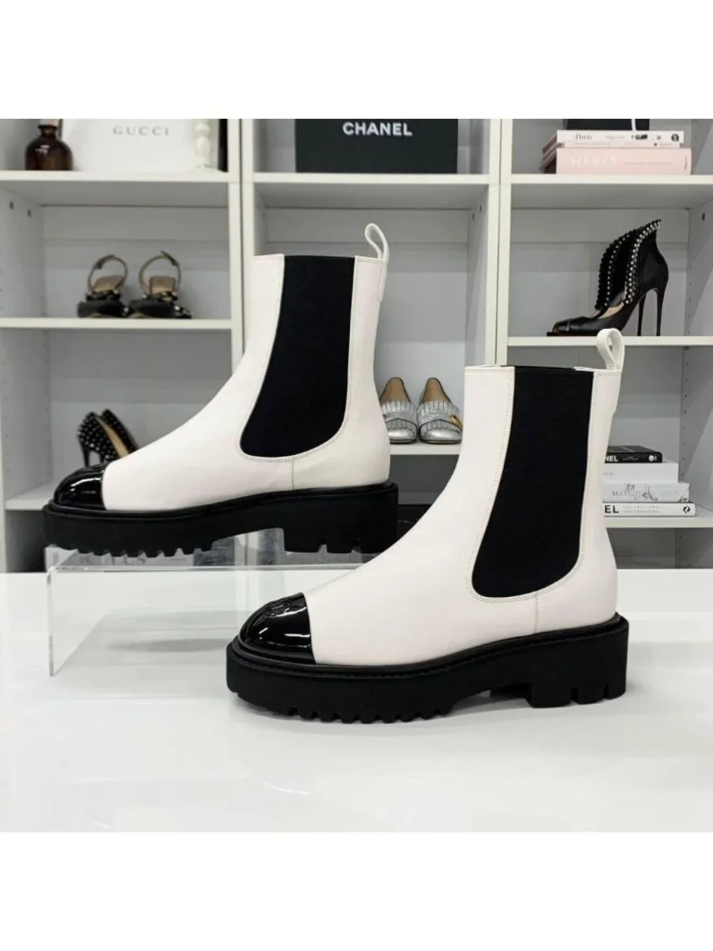 Chanel CC Logo Leather Patent Side Gore Short Boots White